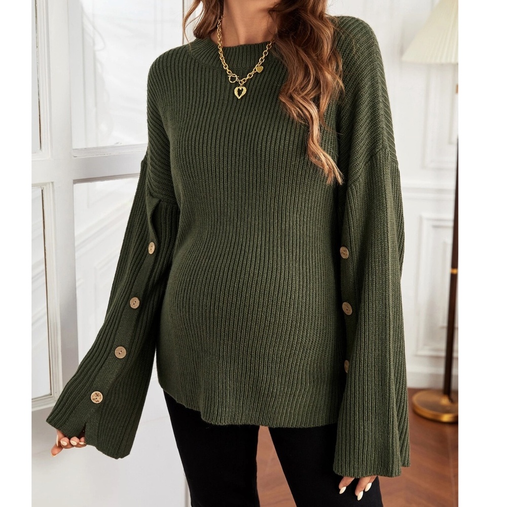 Maternity Green Knit Button Detail Sweater Top - Picture 4 of 7